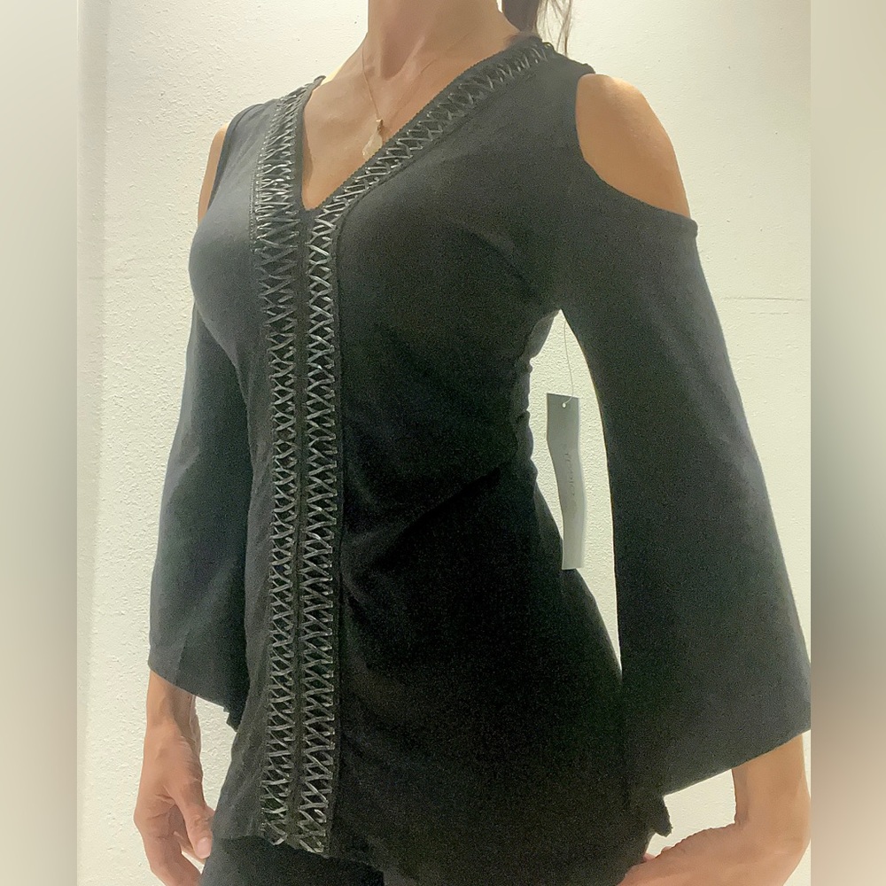 Black Cold Shoulder Pleather Detail Long Sleeve Top